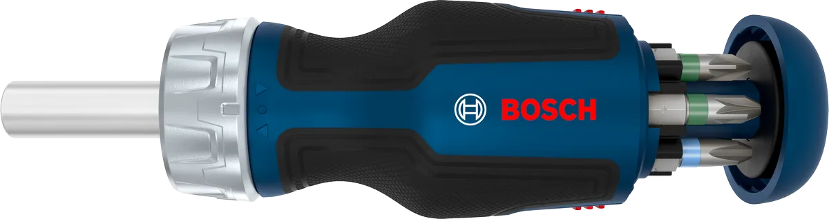 Bosch kısa uçlu cırcırlı tornavida, 6 uçlu şarjör ile birlikte.